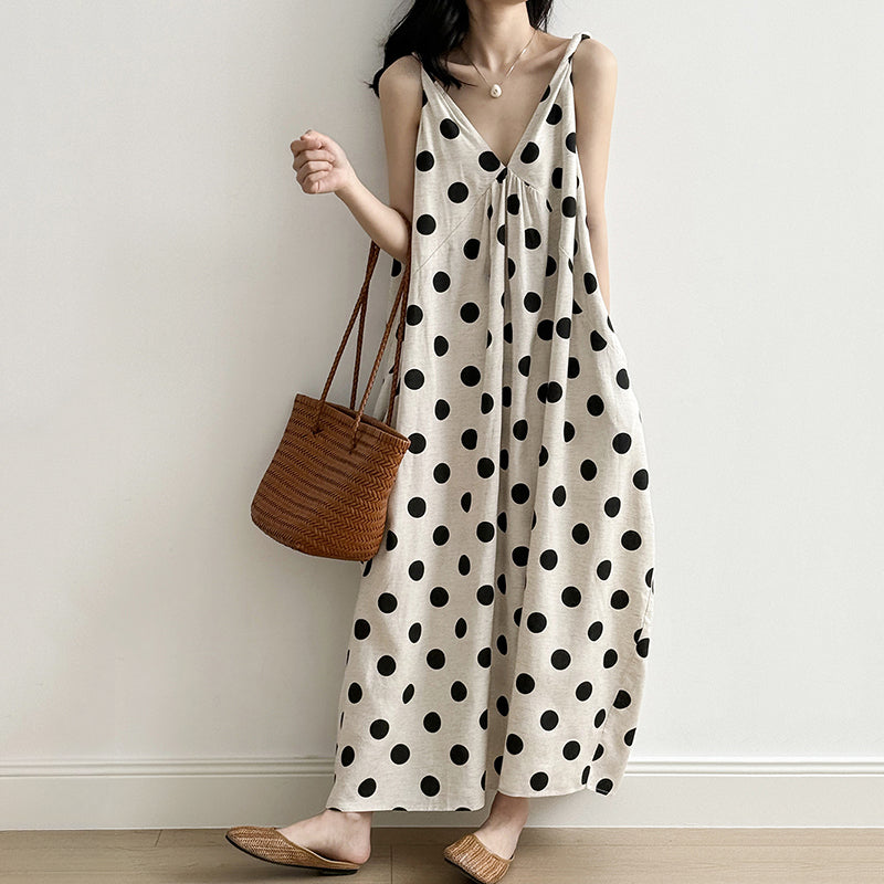 French V-neck Polka Dot Sleeveless Vest Dress