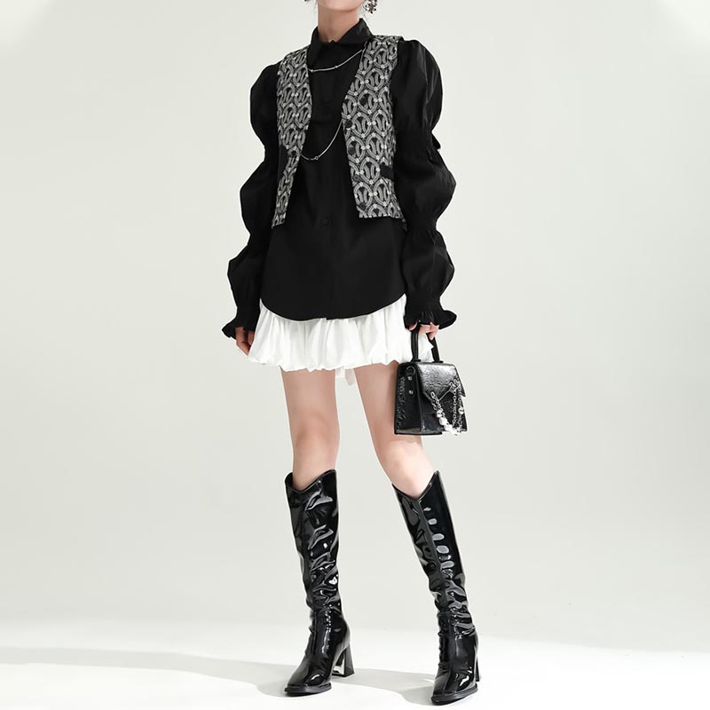 Puff Sleeve Lapel Collar Solid Color Shirt