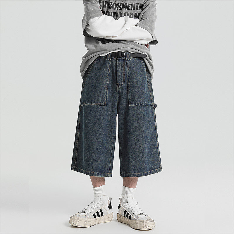 American Denim Cropped Loose Wide-leg Shorts