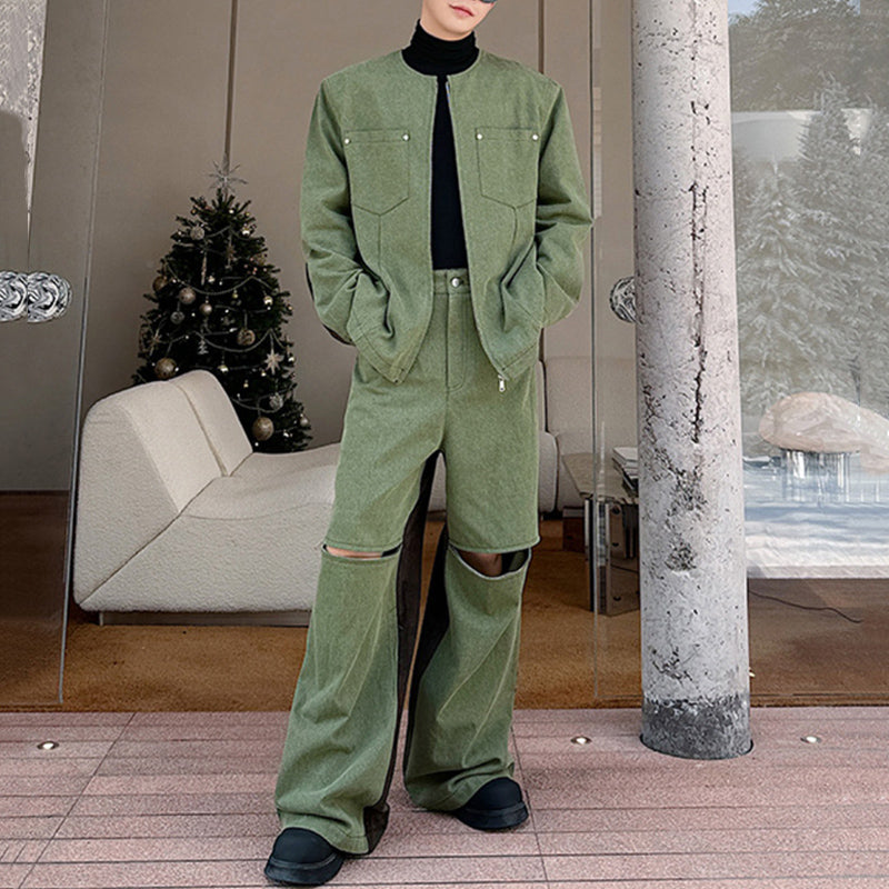 Contrast Color Patchwork Washed Denim Suit