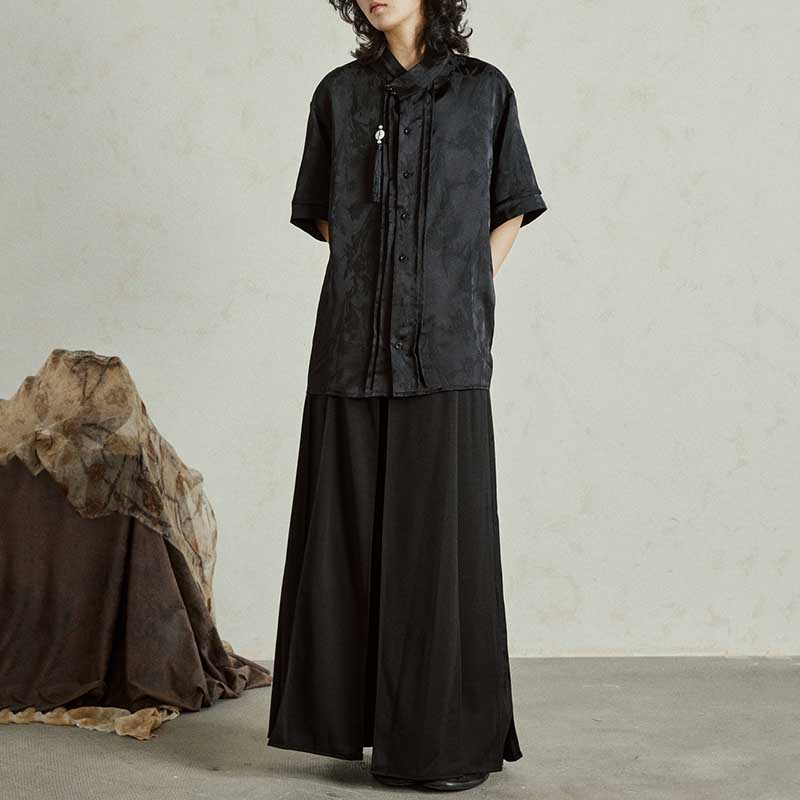 Satin Jacquard Slanted Placket Jade Pendant Tassel Shirt