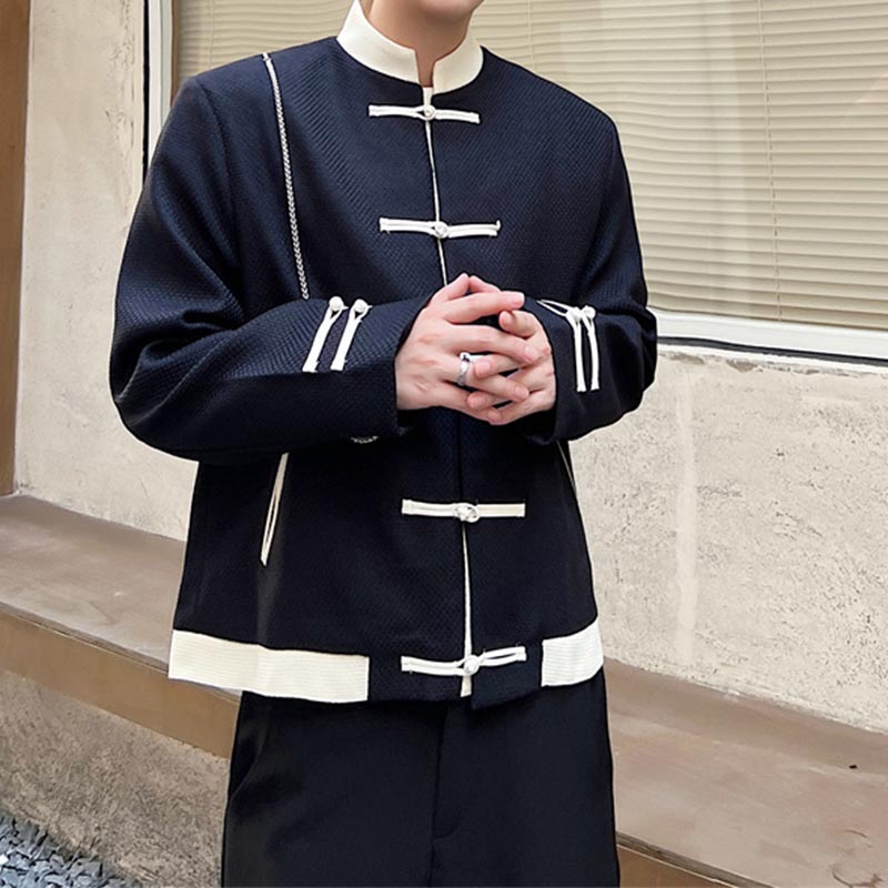 Contrast Color Vintage Buckle Stand Collar Jacket