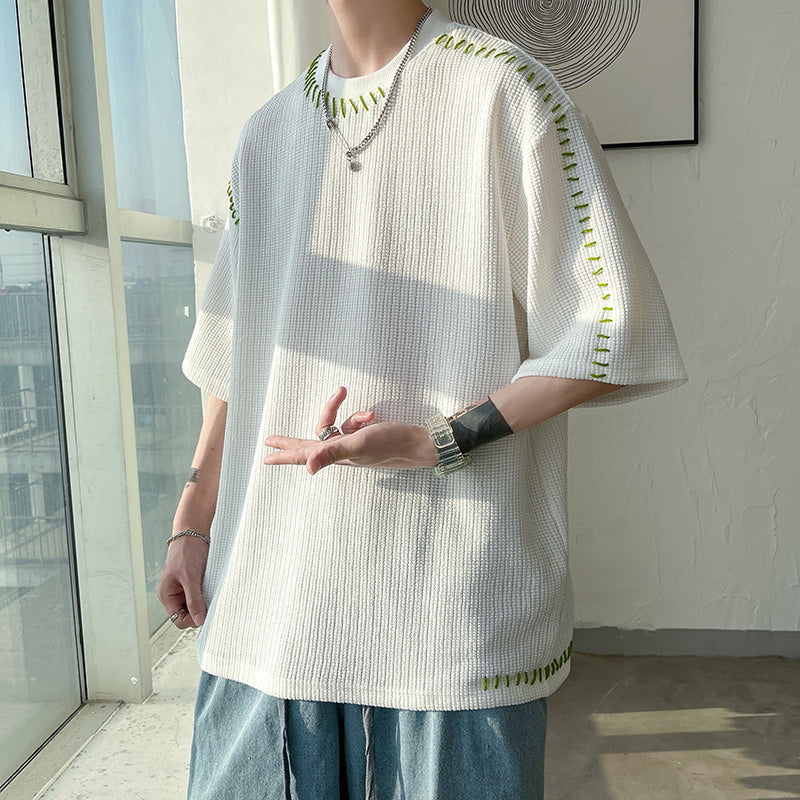 Contrast Stitching Crew Neck 3/4 Sleeves Top