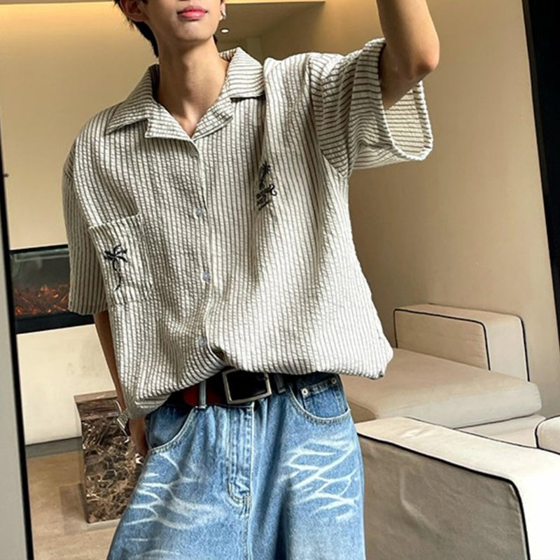 Vintage Embroidered Striped Short Sleeve Shirt