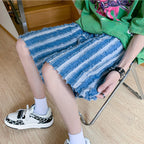 Retro Contrast Stripe Raw Edge Drawstring Shorts