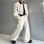 Contrast Color Patchwork Leather Zipper Large Pocket Jacket Casual Wide-leg Pants Two-piece Suit