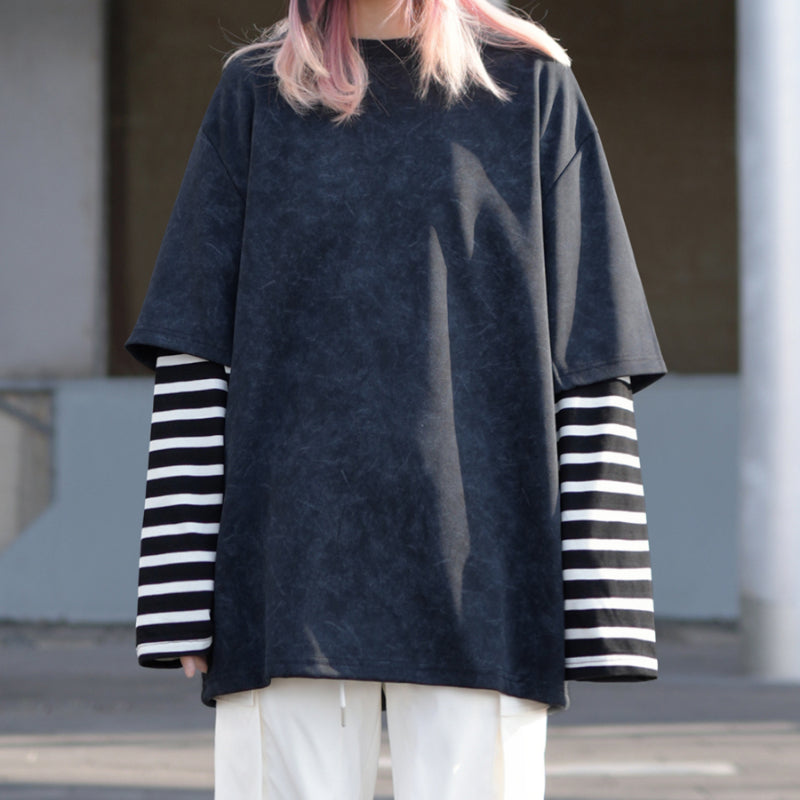Washed Distressed Striped Patchwork Fake Two-piece T-shirt