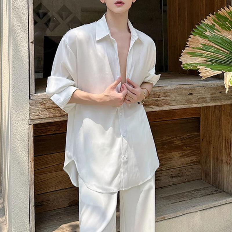 Mesh Beaded Satin Drape Shirt