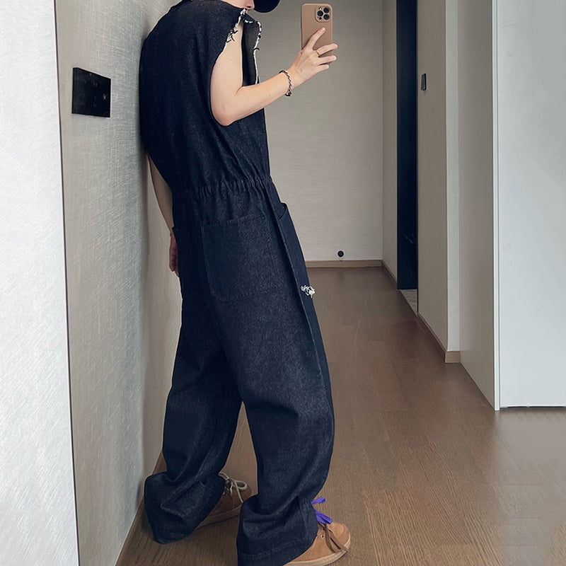 Vintage Loose Raw Edge Sleeveless Jumpsuit Jeans