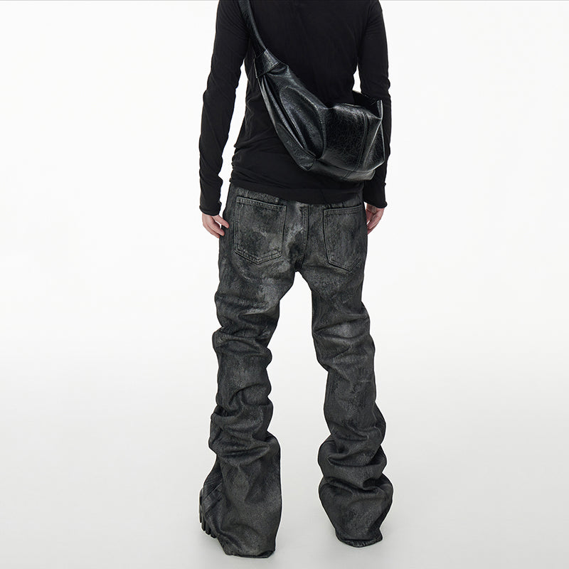 Glitter-coated Slim-fit Stacked Denim Flared Pants