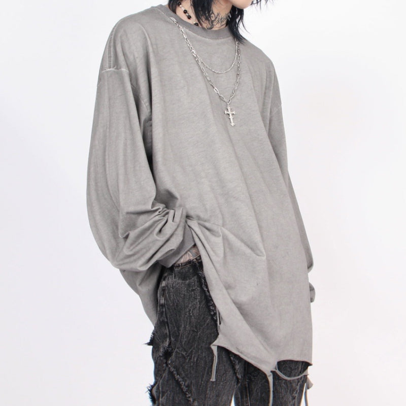 Distressed Washed Hem Hand Cut Holes Loose T-shirt
