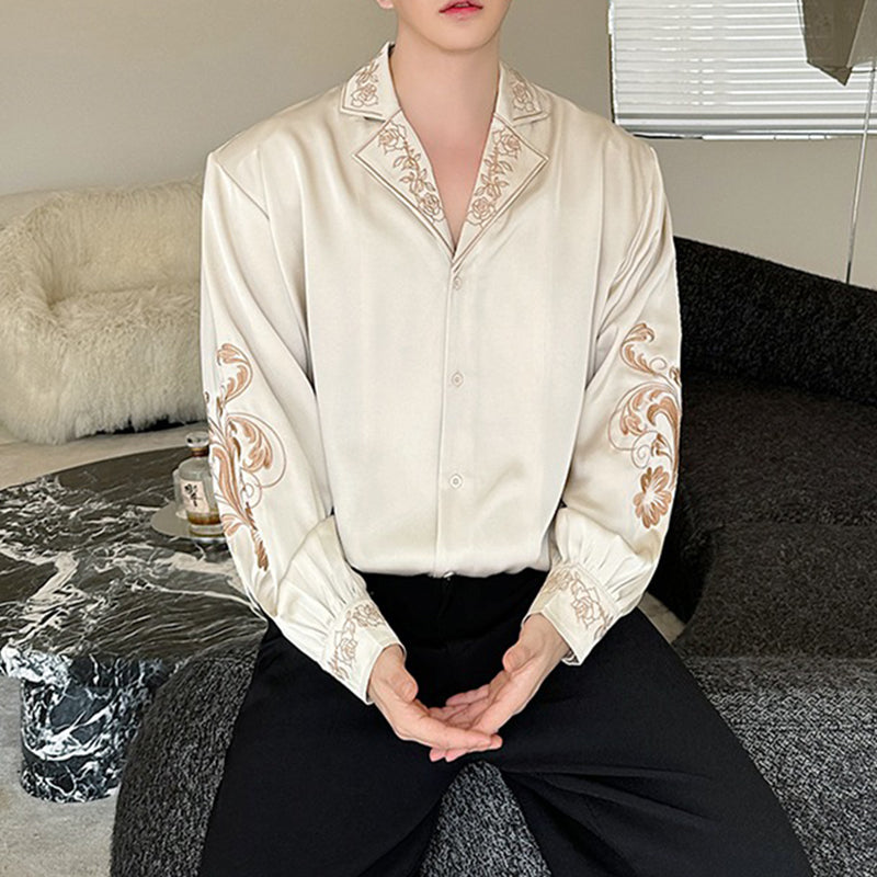 Satin Silky Embroidered Drape Long Sleeve Shirt