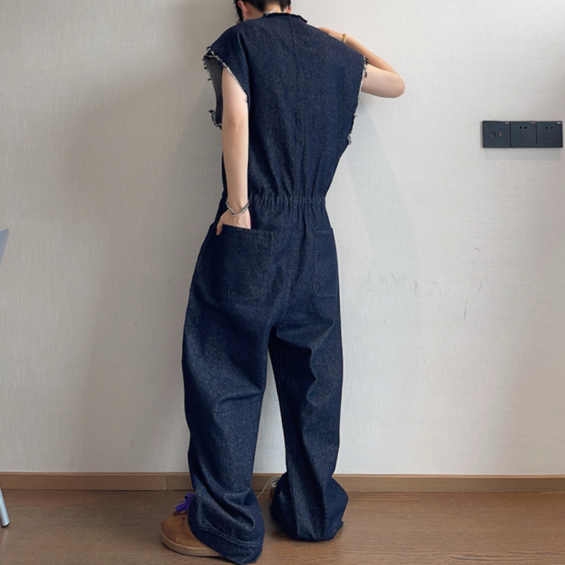 Vintage Loose Raw Edge Sleeveless Jumpsuit Jeans