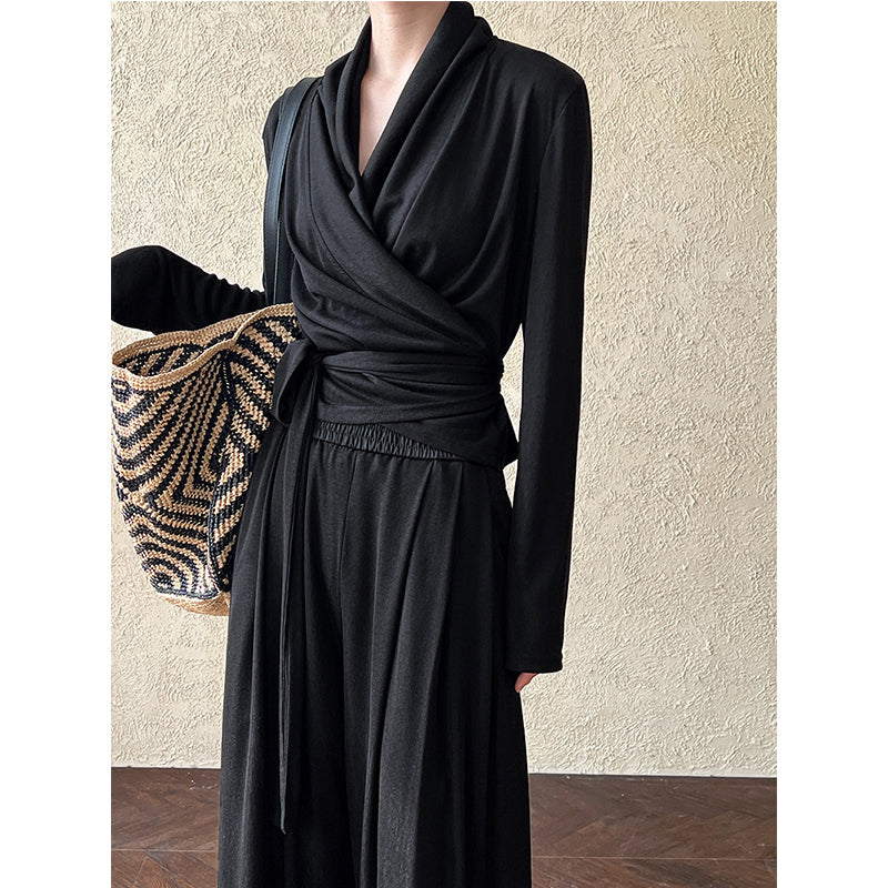 Irregular One-shoulder Waisted Pleated Top Wide-leg Pants Two-piece Set