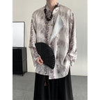 Retro Jacquard Stitching Stand Collar Ink Print Shirt