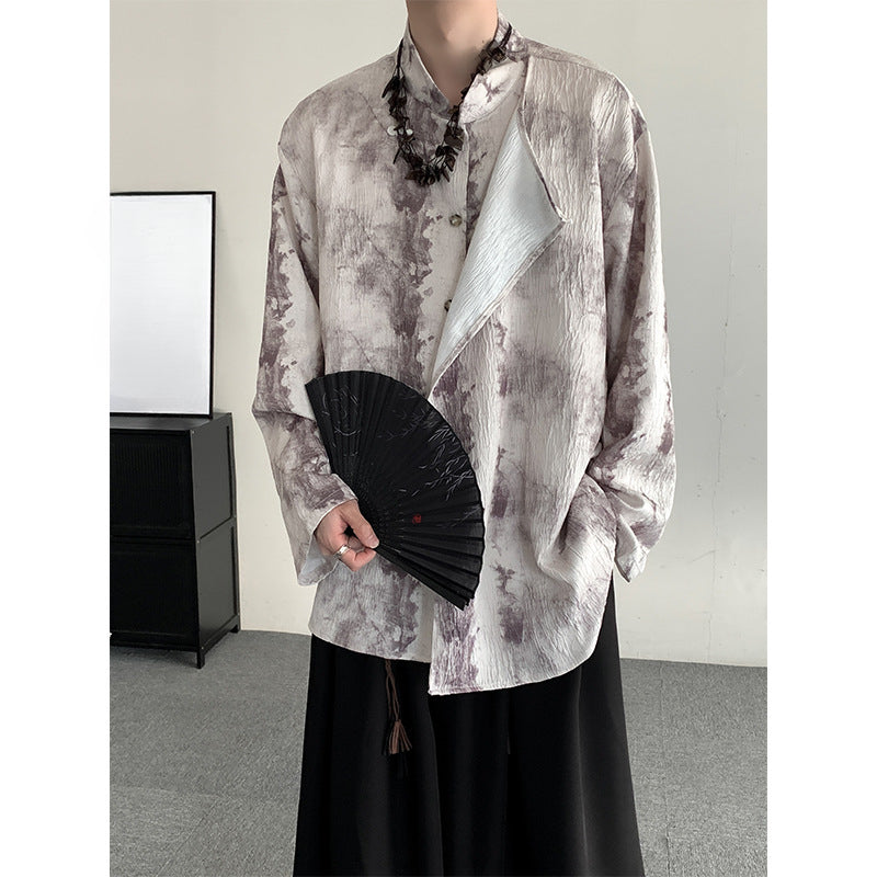 Retro Jacquard Stitching Stand Collar Ink Print Shirt