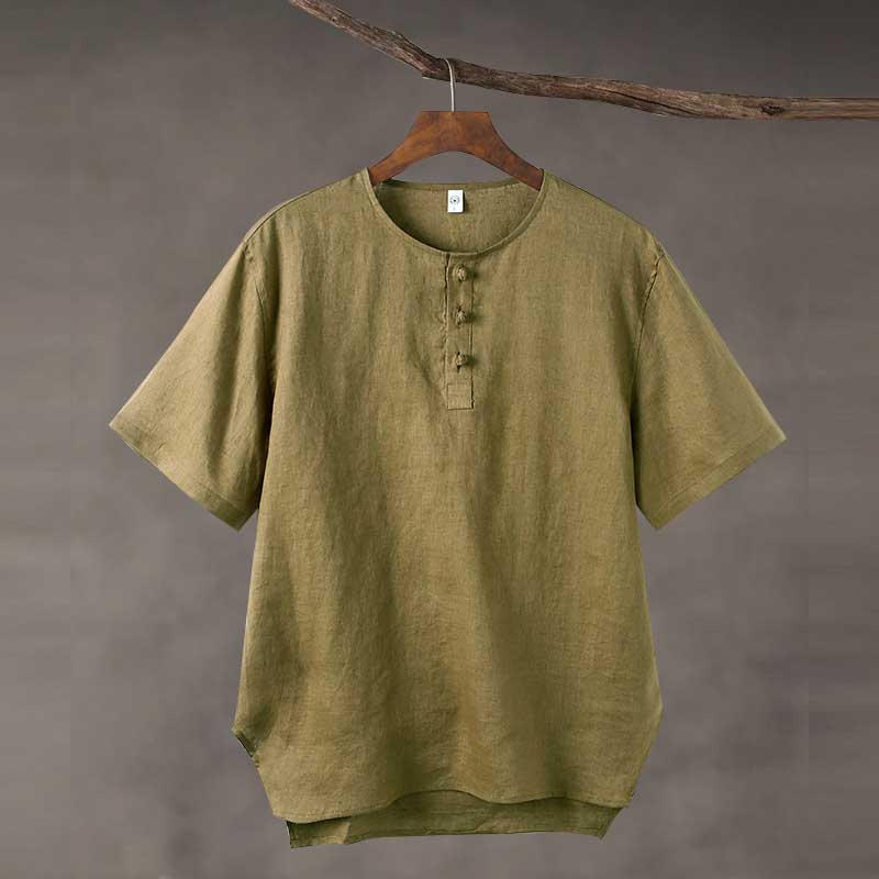 Linen Vintage Round Neck Button Down T-shirt