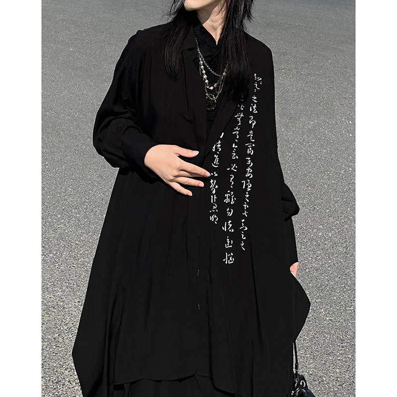 Asymmetric Hem Calligraphy Print Oversized Shirt