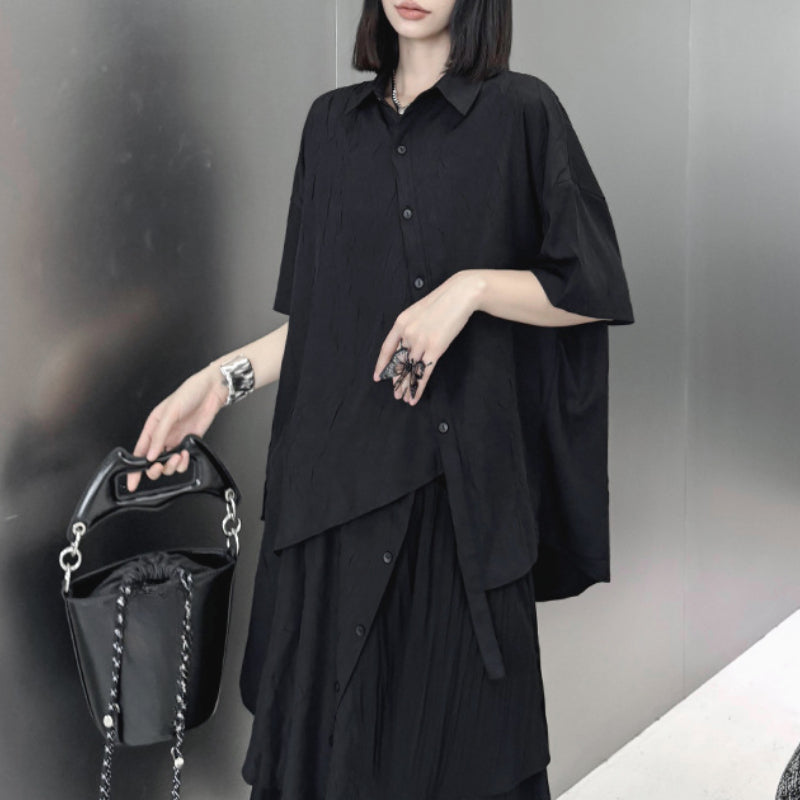 Irregular Loose Solid Color Shirt Elastic Waist Skirt