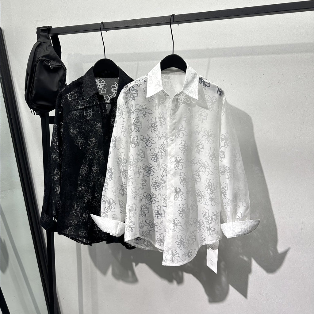 Hollow Floral Jacquard Loose Casual Shirt