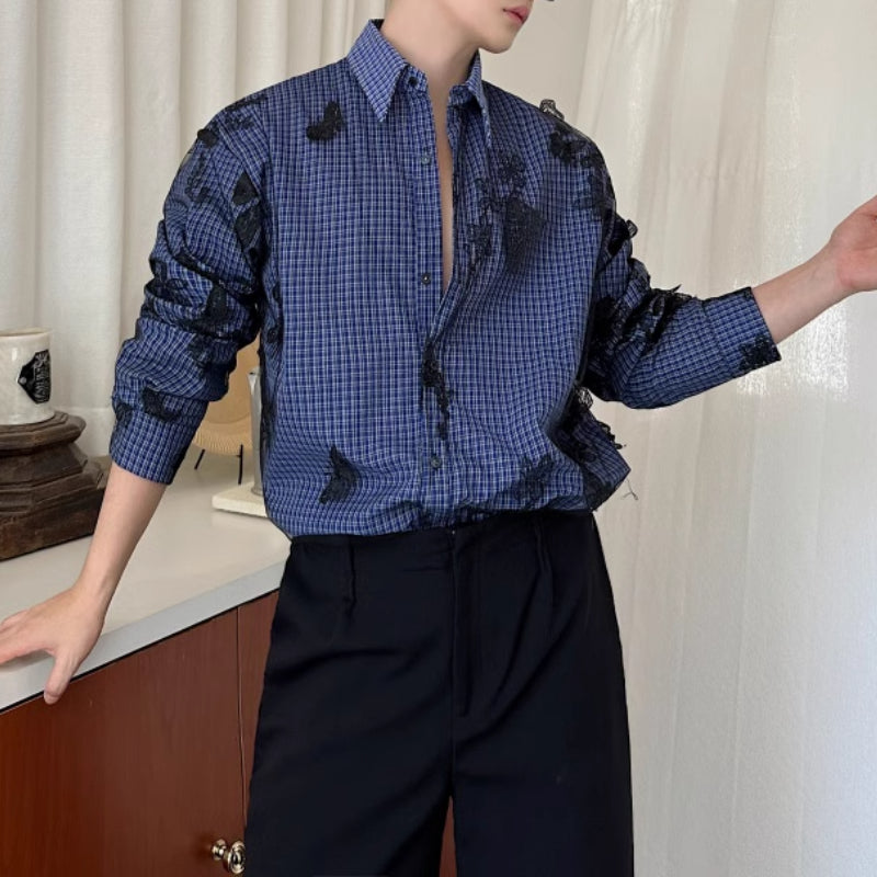 Vintage Butterfly Lace Mesh Splicing Plaid Shirt