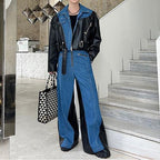 Deconstructed Washed Denim PU Leather Jacket Wide-leg Trousers Two-piece Suit