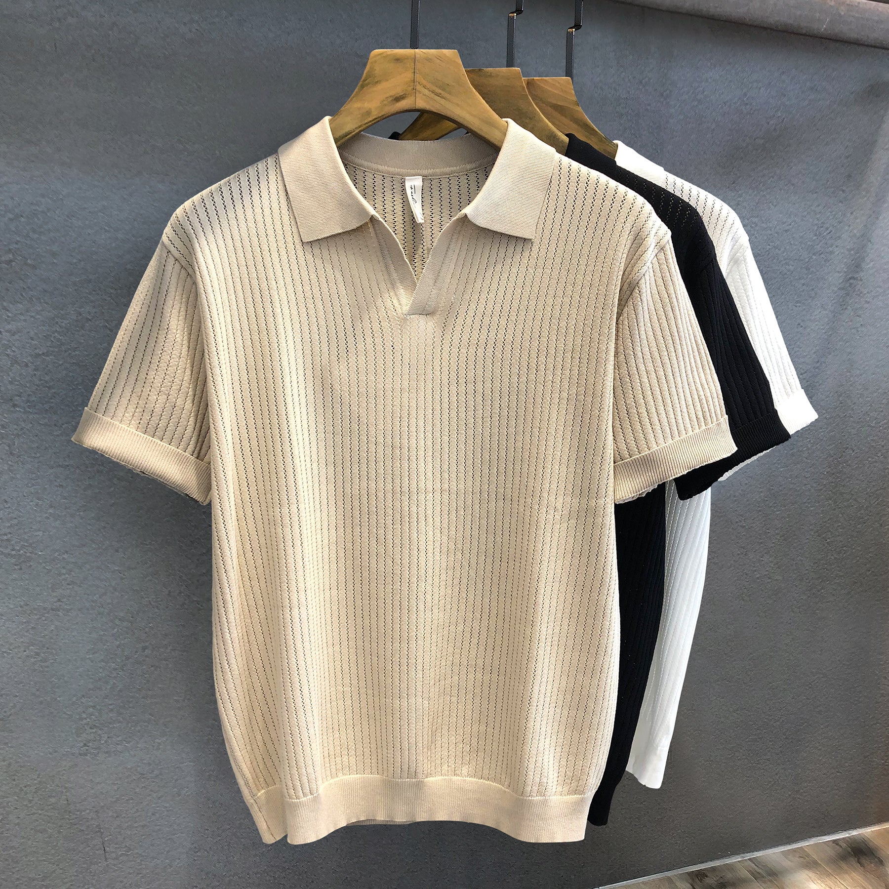 Ice Silk Hollow Pattern Knitted Lapel Polo Shirt