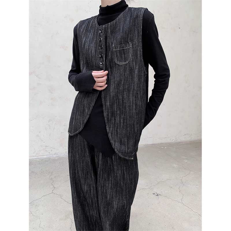 Denim Waistcoat Asymmetric Arc Cardigan Vest