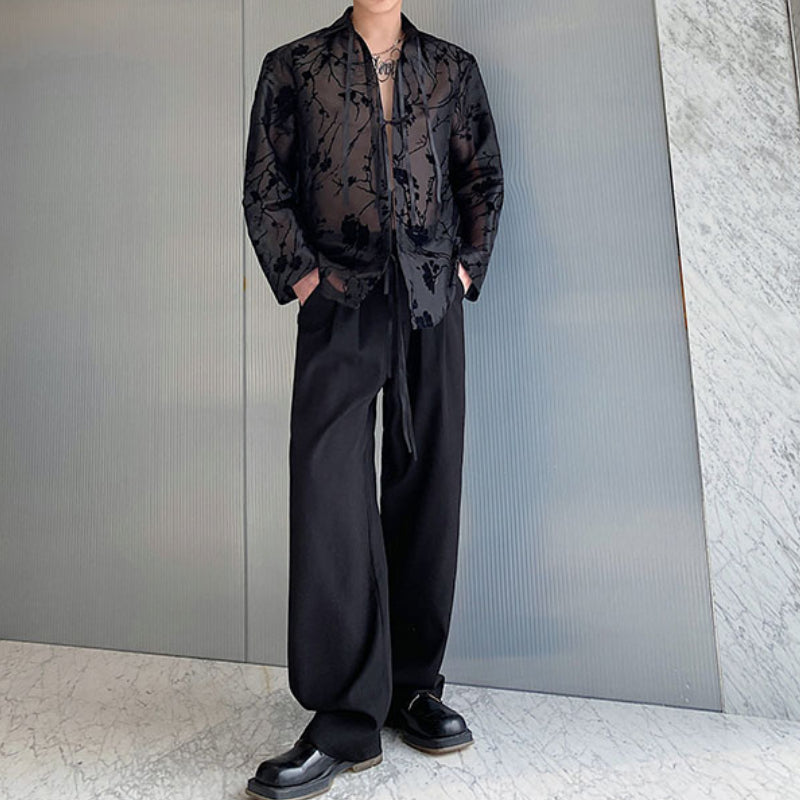 Ribbon Tie Jacquard See-through Shirt