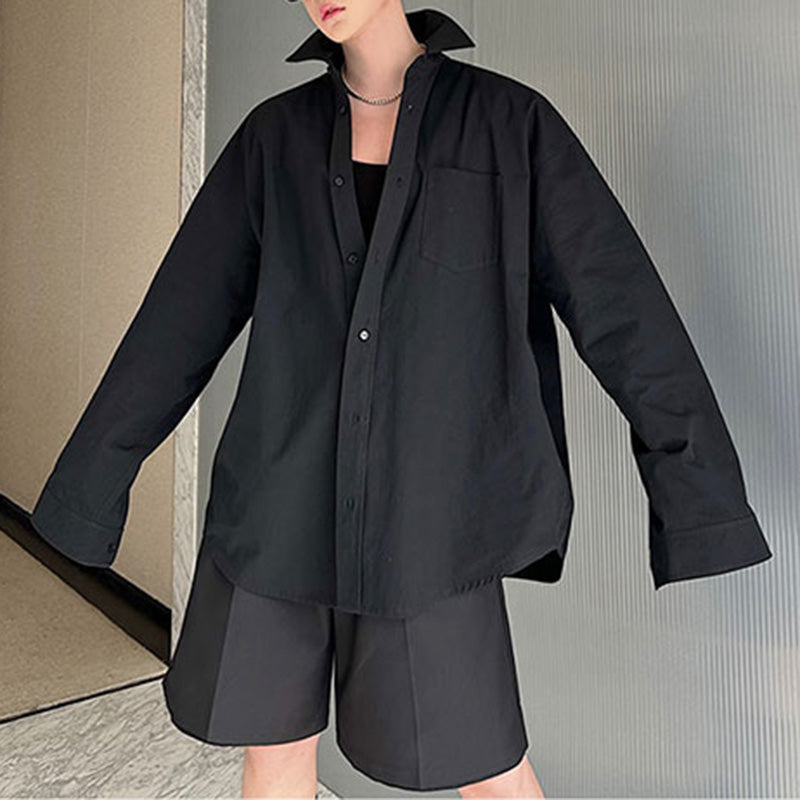 Loose Peak Collar Solid Color Oversized Shirt