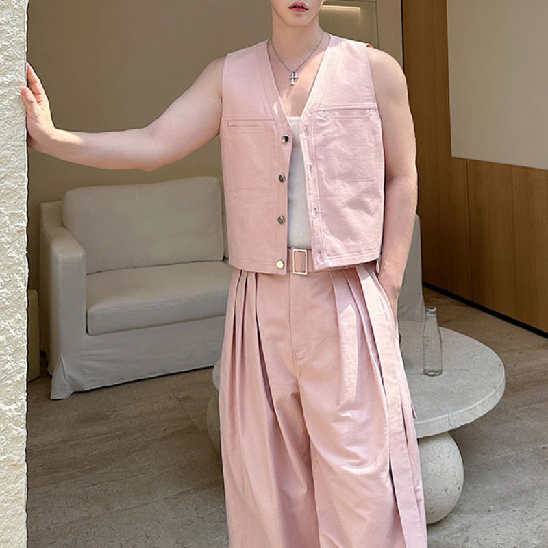 Casual Short Cardigan Vest Wide Leg Trousers Workwear Two-piece Set