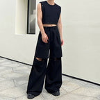 Rivet Button Sleeveless T-Shirt Detachable Wide-Leg Pants Set