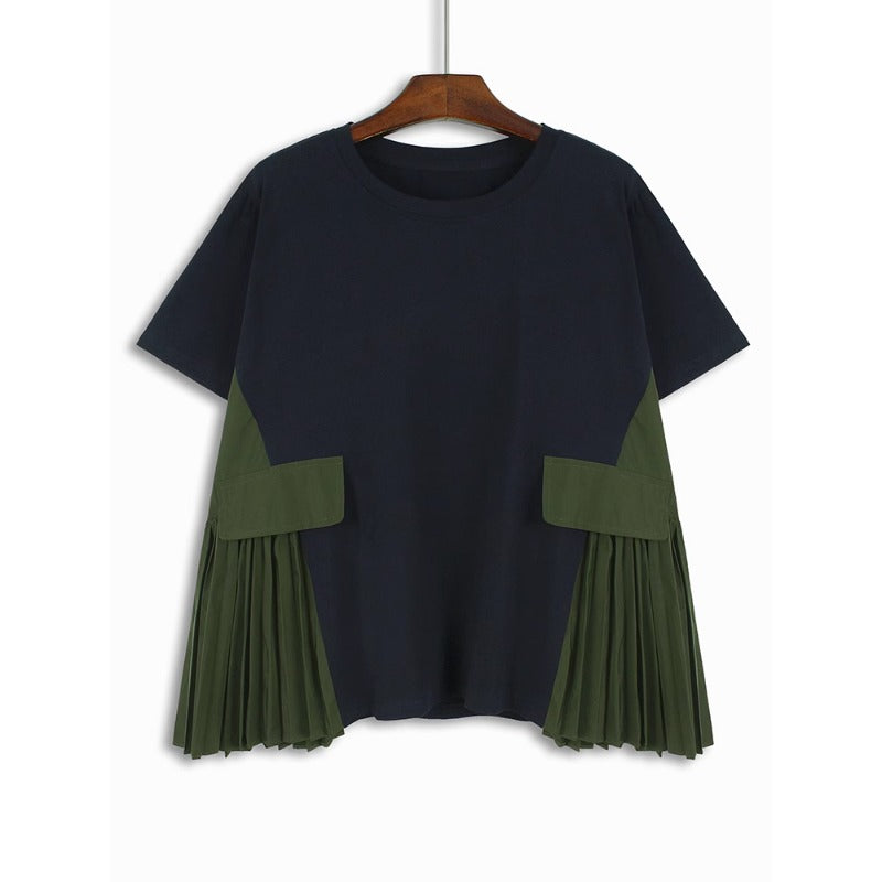 Fake Pocket Pleated Patchwork Loose T-shirt