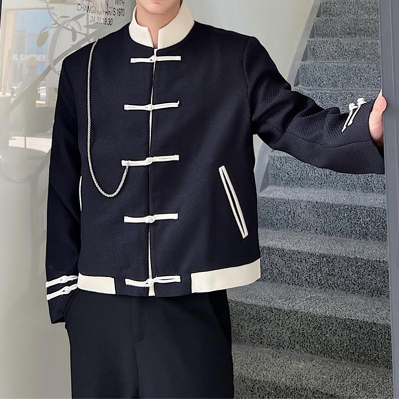 Contrast Color Vintage Buckle Stand Collar Jacket