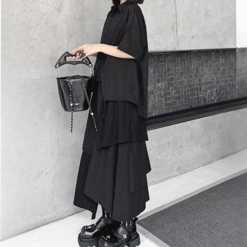 Irregular Loose Solid Color Shirt Elastic Waist Skirt