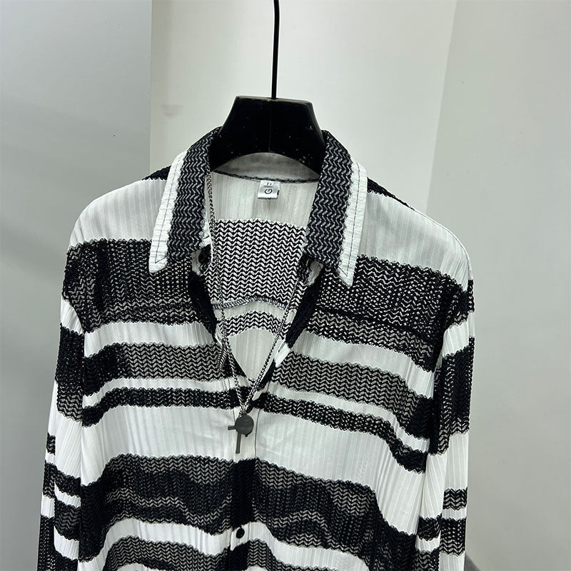 Thin Color Contrast Stripe Hollow Shirt