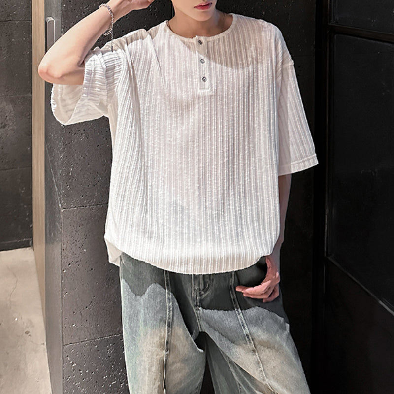 Striped Knit Henley Collar Casual T-Shirt