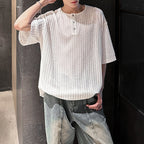 Striped Knit Henley Collar Casual T-Shirt