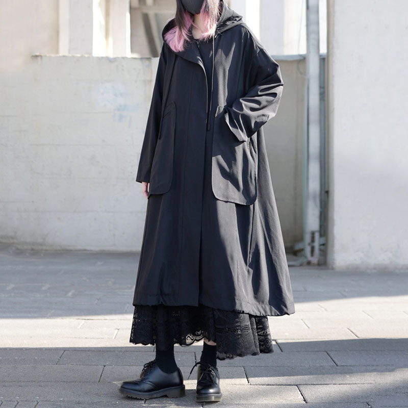 Black Thin Loose Hooded Windbreaker