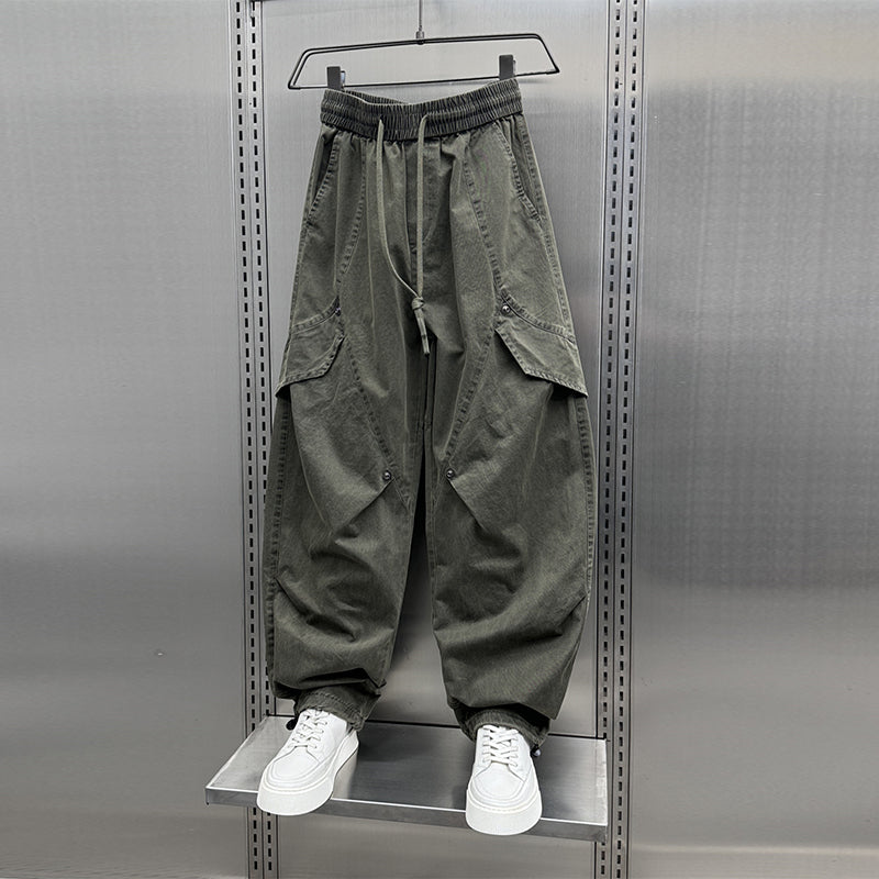 Retro Pleated Multi-Pocket Loose Straight Wide-Leg Pants