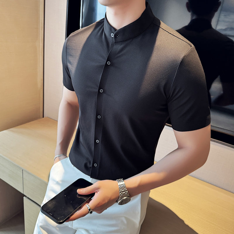 Summer Stand Collar Ice Silk Casual Waffle Shirt