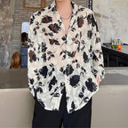 Floral Print Tulle Sheer Long Sleeve Shirt