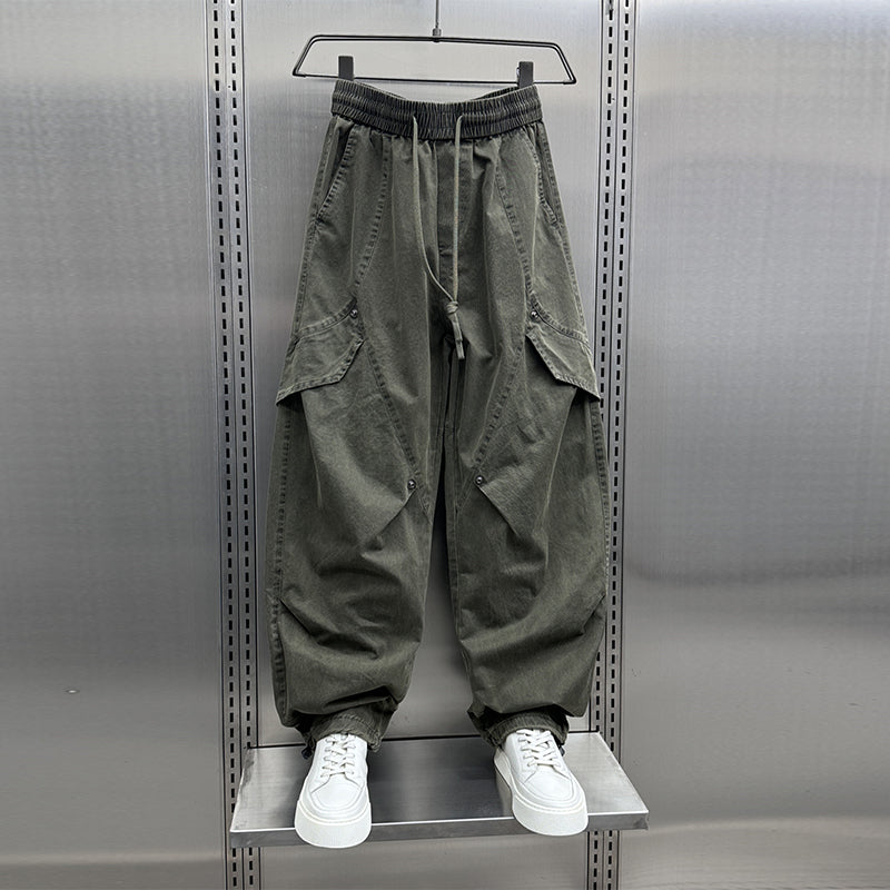 Retro Pleated Multi-Pocket Loose Straight Wide-Leg Pants