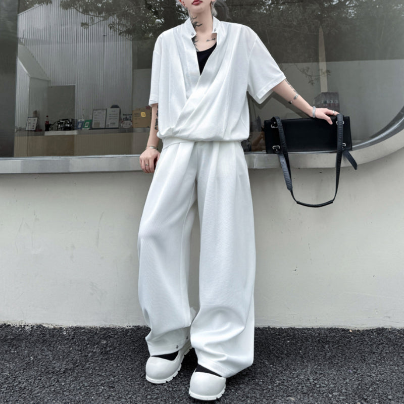 Stand-up Collar Drape T-shirt Casual Wide-leg Trousers Two-piece Suit