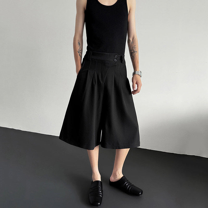 Button-embellished Draped Wide-leg Casual Suit Shorts