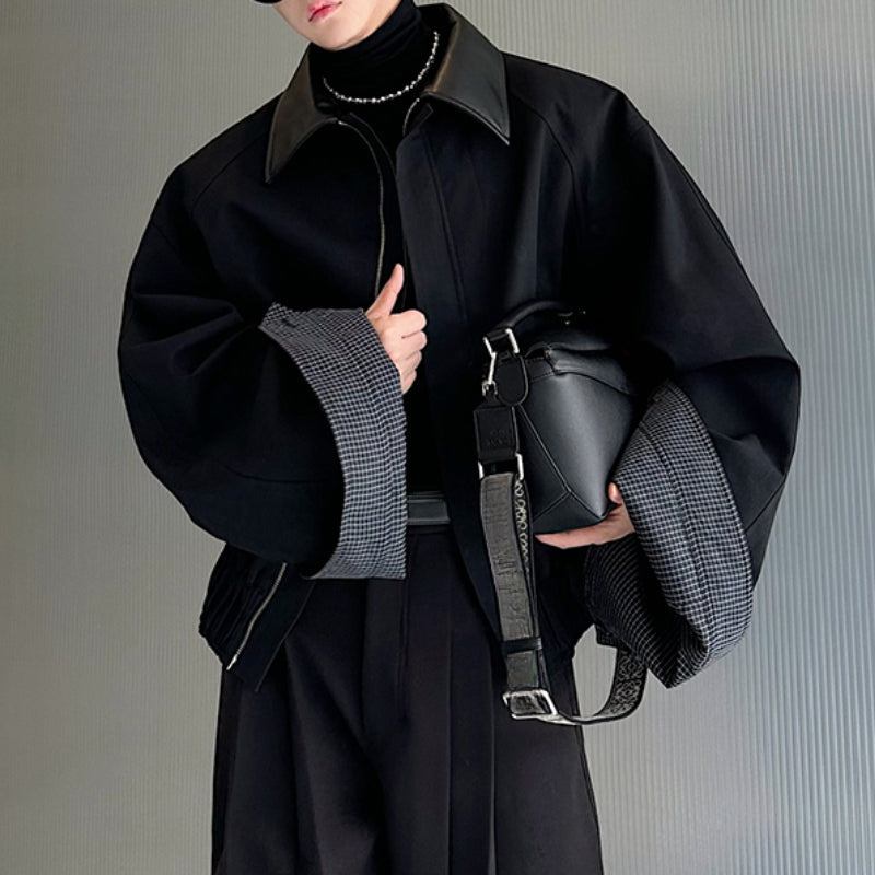 Leather Collar Contrast Plaid Oversized Turned-sleeve Cotton Jacket