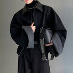 Leather Collar Contrast Plaid Oversized Turned-sleeve Cotton Jacket