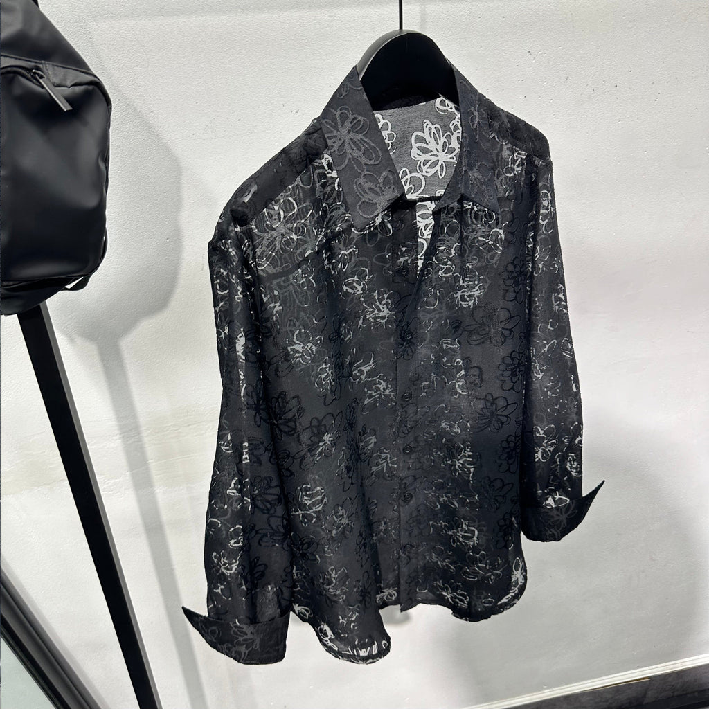 Hollow Floral Jacquard Loose Casual Shirt