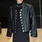 V-neck Cardigan PU Leather Jacket