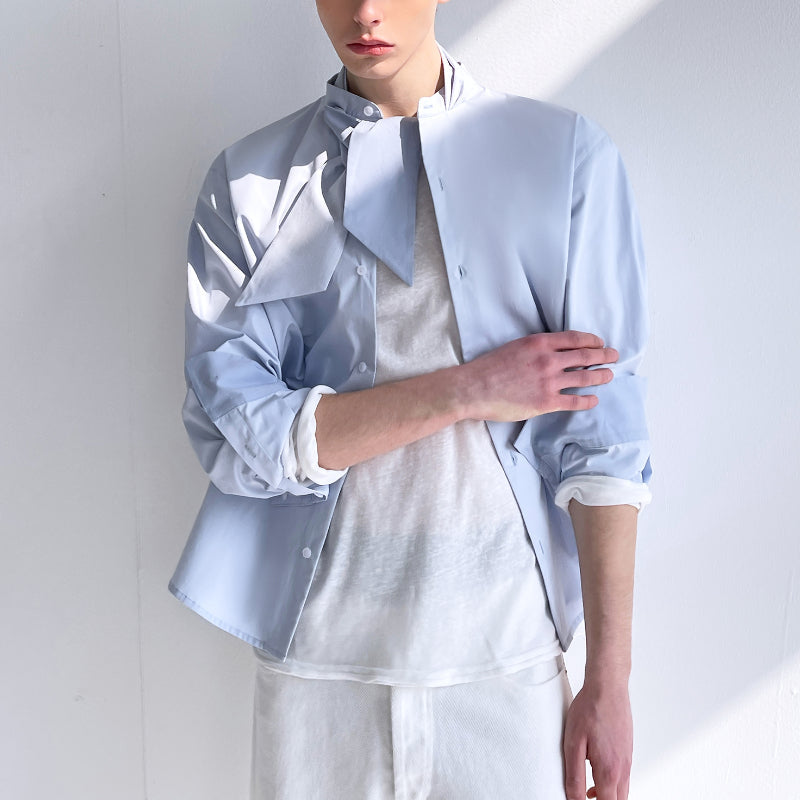 Stand Collar with Tie Long Sleeve Slim Fit Shirt